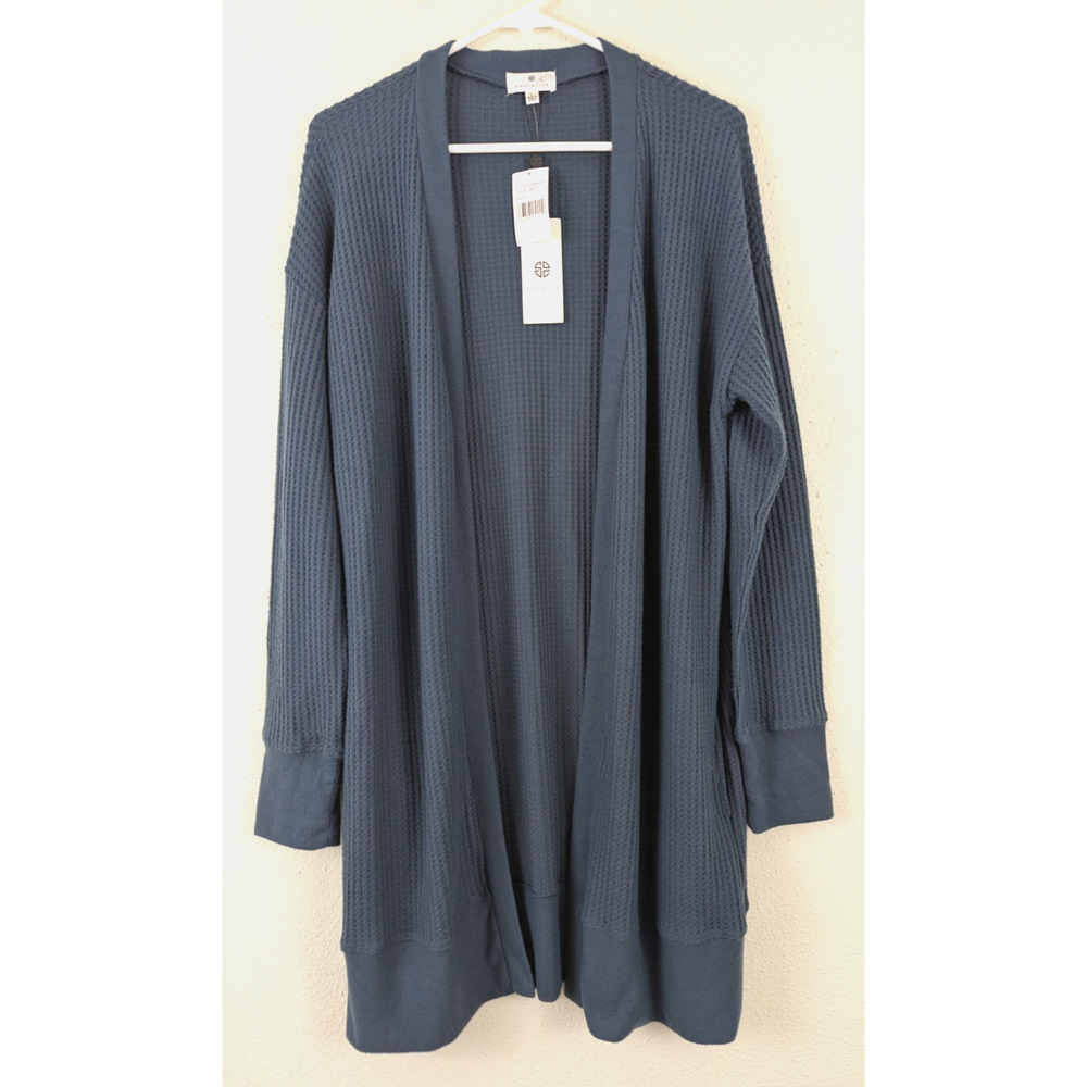New Socialite sz L Open Front Cardigan Sweater longer waffle knit thin 2358